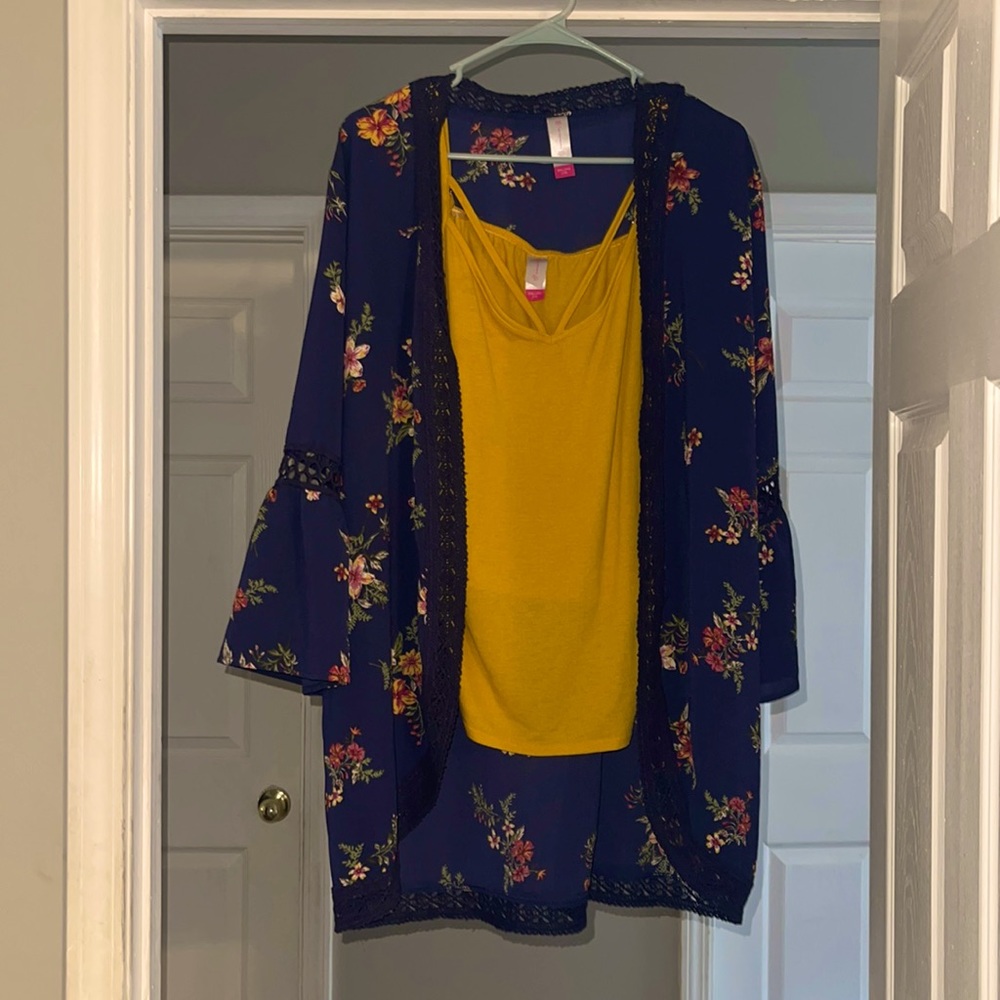 Floral kimono w/ mustard yellow tank top